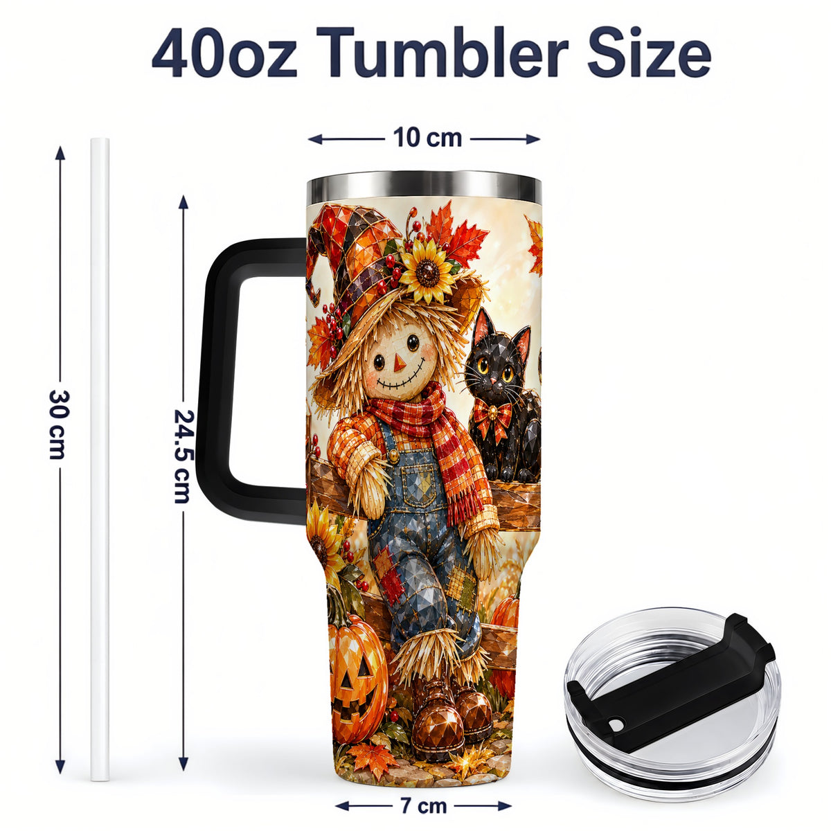 #pl[40oz|Black] Autumn Scarecrow Cat 40oz Tumbler, Pumpkin Sunflower Artwork