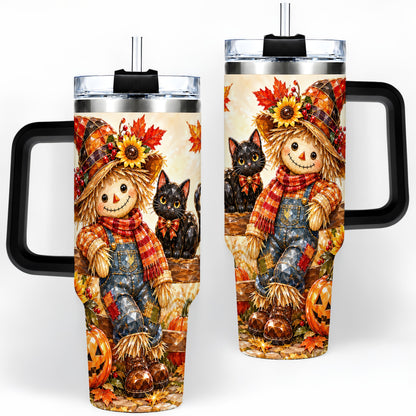 #pl[40oz|Black] Autumn Scarecrow Cat 40oz Tumbler, Pumpkin Sunflower Artwork