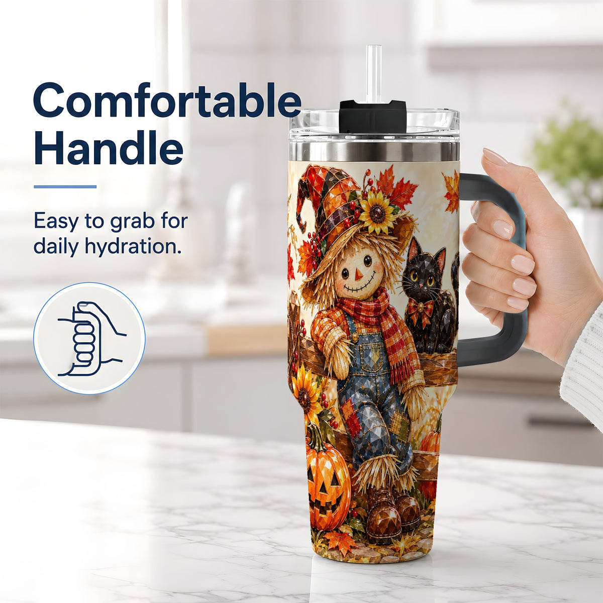 #pl[40oz|Black] Autumn Scarecrow Cat 40oz Tumbler, Pumpkin Sunflower Artwork