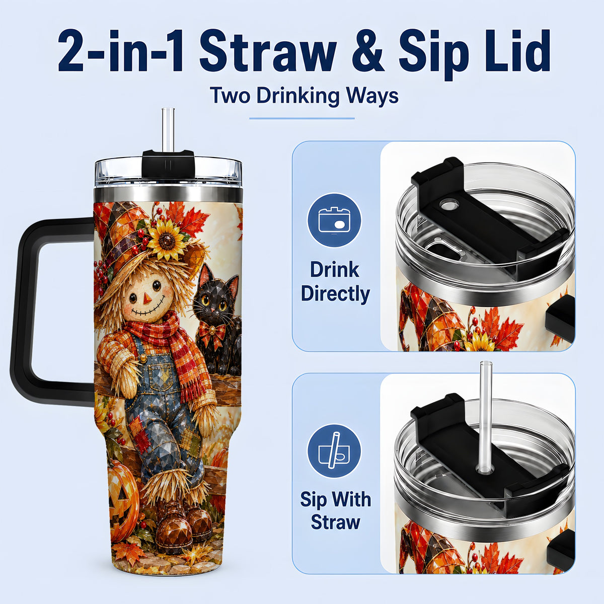 #pl[40oz|Black] Autumn Scarecrow Cat 40oz Tumbler, Pumpkin Sunflower Artwork