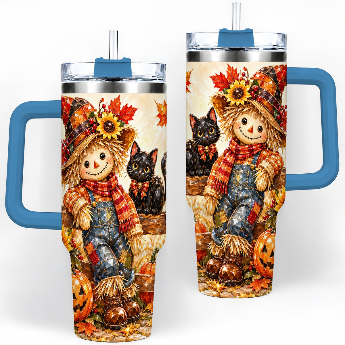 #pl[40oz|Blue] Autumn Scarecrow Cat 40oz Tumbler, Pumpkin Sunflower Artwork