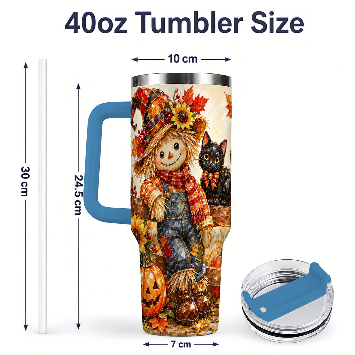 #pl[40oz|Blue] Autumn Scarecrow Cat 40oz Tumbler, Pumpkin Sunflower Artwork