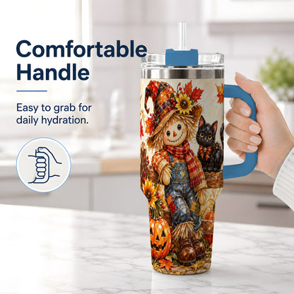 #pl[40oz|Blue] Autumn Scarecrow Cat 40oz Tumbler, Pumpkin Sunflower Artwork