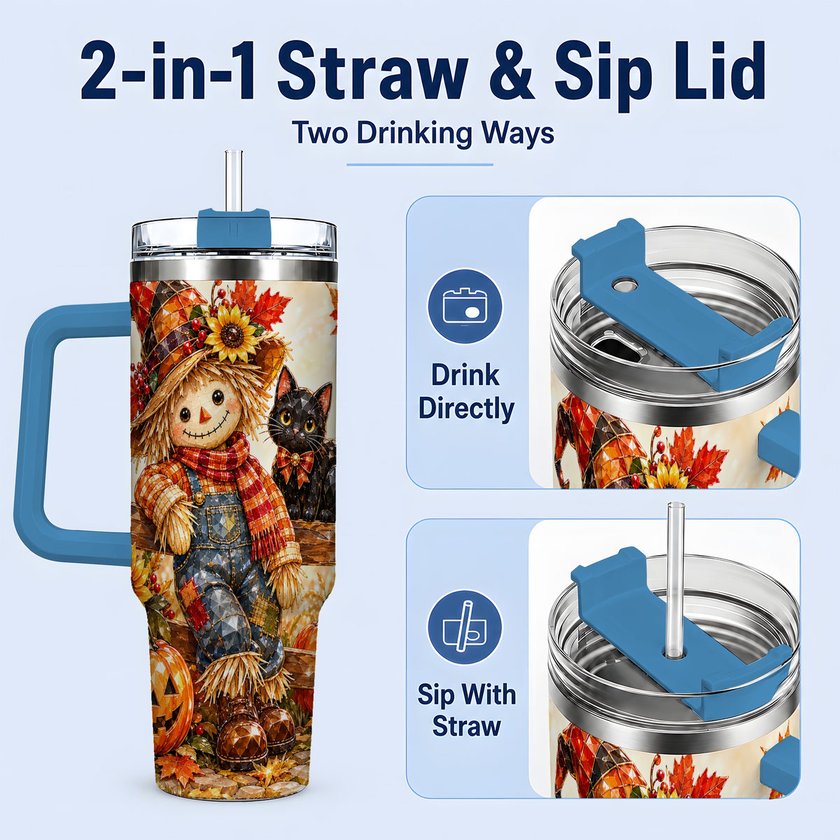 #pl[40oz|Blue] Autumn Scarecrow Cat 40oz Tumbler, Pumpkin Sunflower Artwork