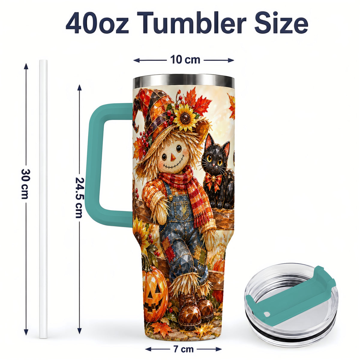 #pl[40oz|Green] Autumn Scarecrow Cat 40oz Tumbler, Pumpkin Sunflower Artwork