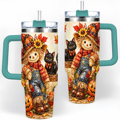 #pl[40oz|Green] Autumn Scarecrow Cat 40oz Tumbler, Pumpkin Sunflower Artwork