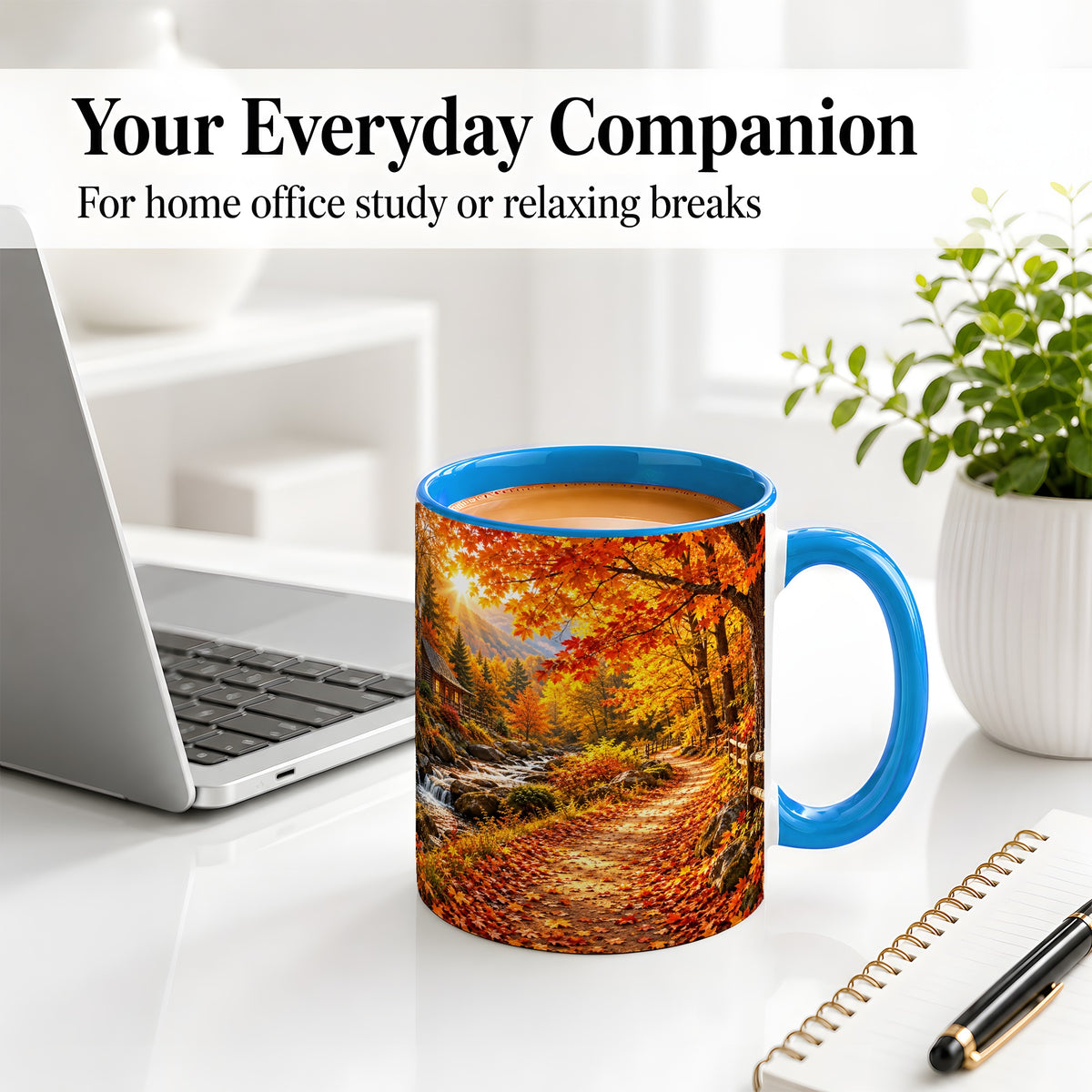 #pl[11oz|Blue] Autumn Cabin Ceramic Mug with Forest, Creek and Fall Leaf Artwork