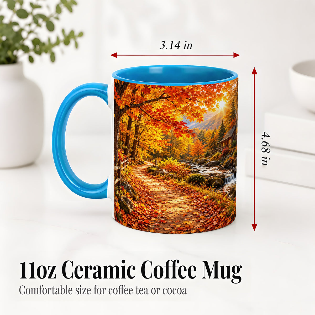 #pl[11oz|Blue] Autumn Cabin Ceramic Mug with Forest, Creek and Fall Leaf Artwork