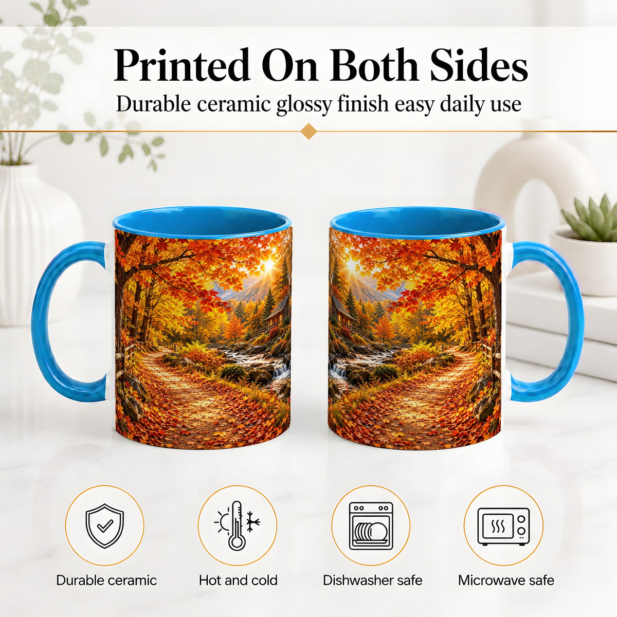 #pl[11oz|Blue] Autumn Cabin Ceramic Mug with Forest, Creek and Fall Leaf Artwork