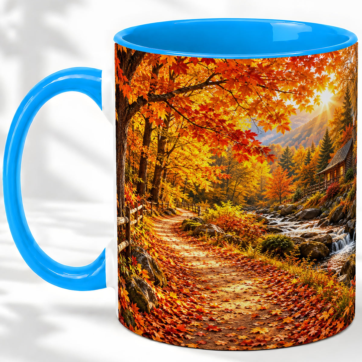 #pl[11oz|Blue] Autumn Cabin Ceramic Mug with Forest, Creek and Fall Leaf Artwork