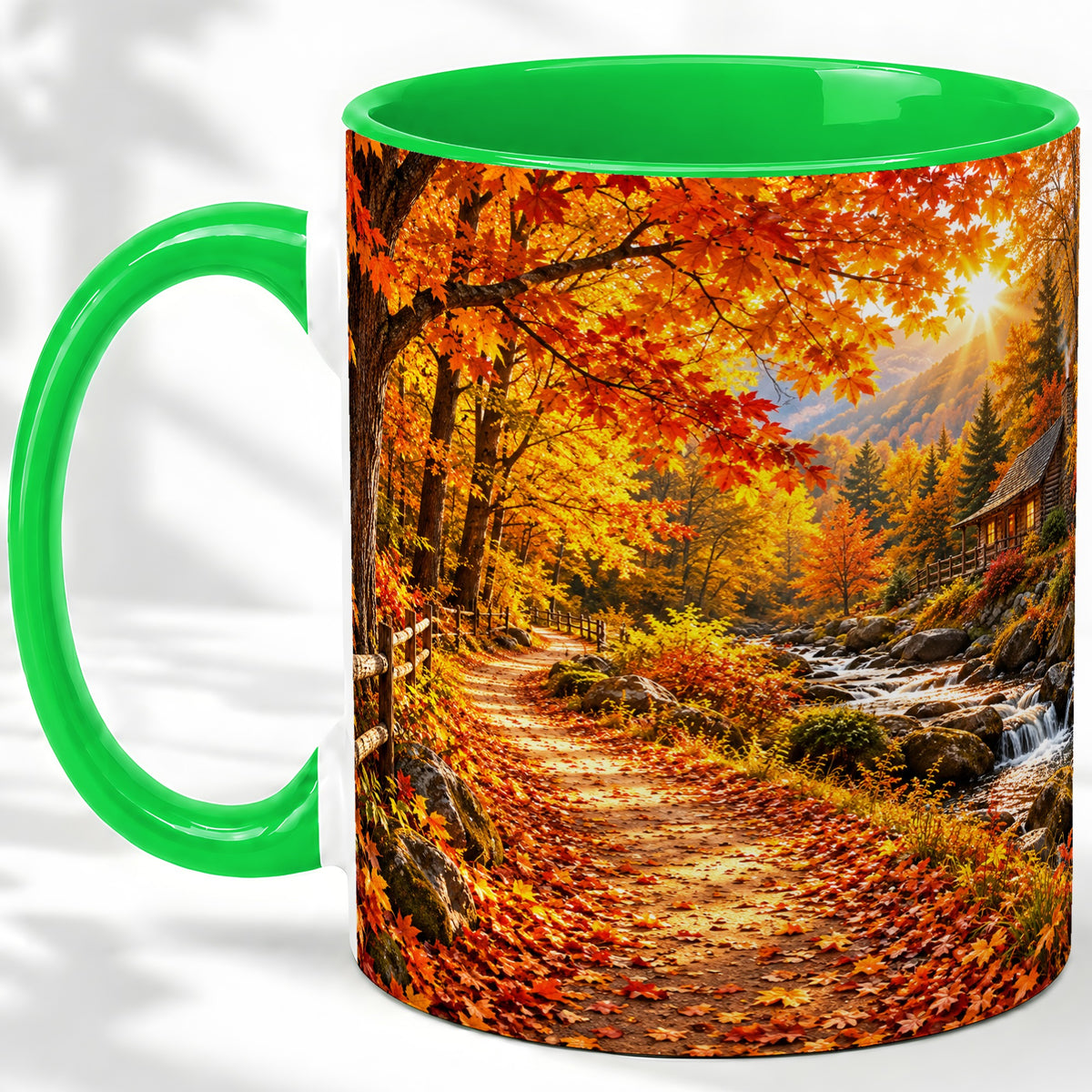 #pl[11oz|Green] Autumn Cabin Ceramic Mug with Forest, Creek and Fall Leaf Artwork