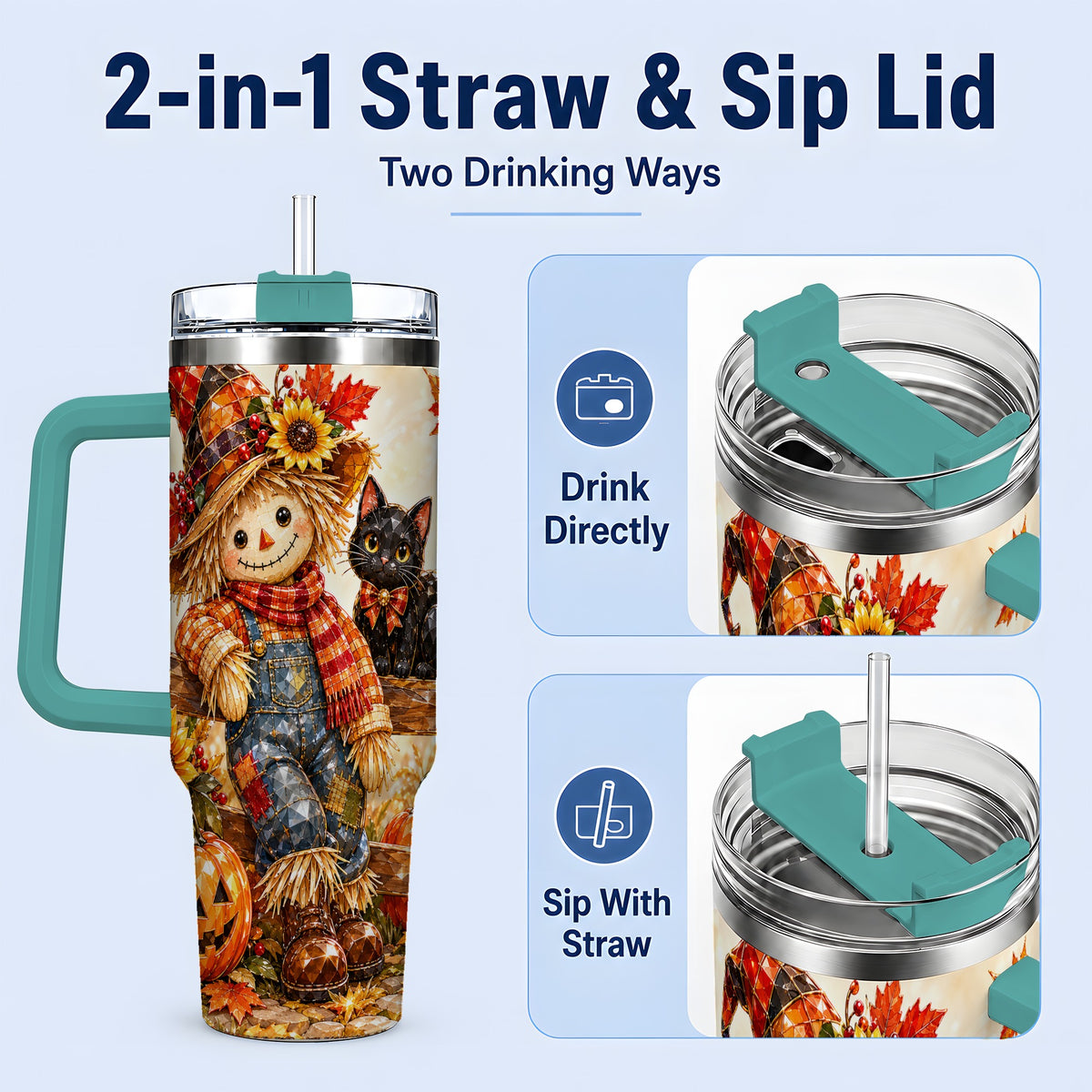 #pl[40oz|Green] Autumn Scarecrow Cat 40oz Tumbler, Pumpkin Sunflower Artwork