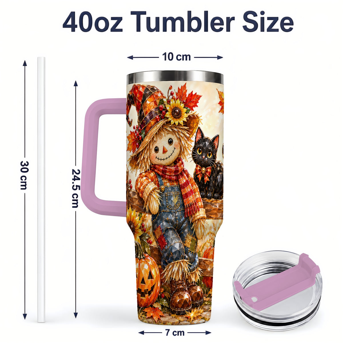 #pl[40oz|Pink] Autumn Scarecrow Cat 40oz Tumbler, Pumpkin Sunflower Artwork