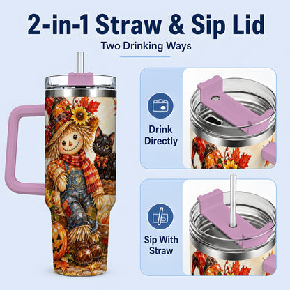 #pl[40oz|Pink] Autumn Scarecrow Cat 40oz Tumbler, Pumpkin Sunflower Artwork