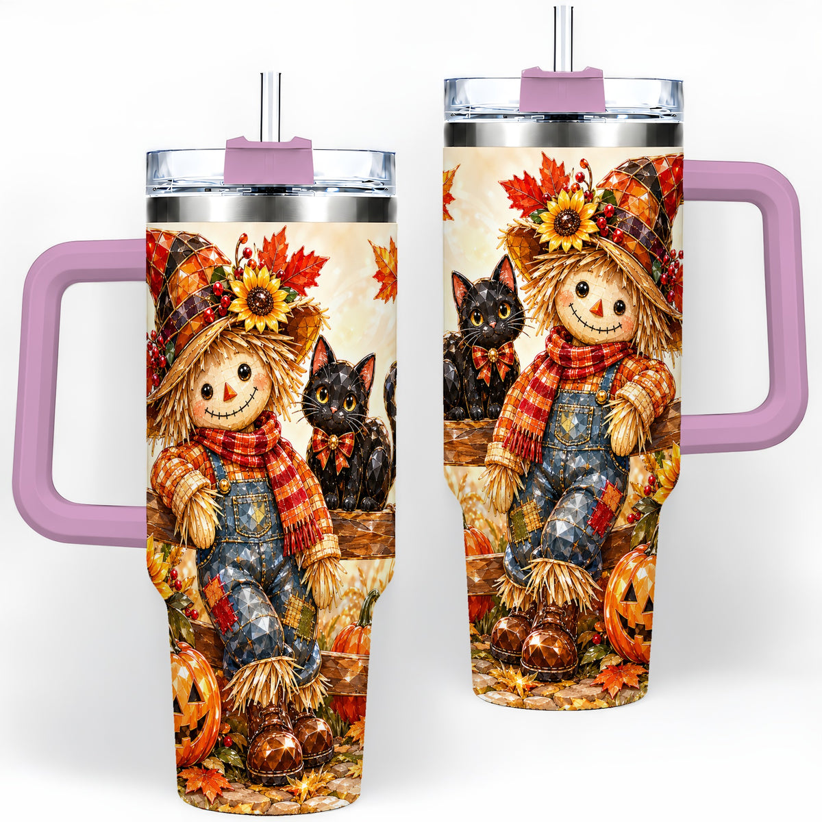 #pl[40oz|Pink] Autumn Scarecrow Cat 40oz Tumbler, Pumpkin Sunflower Artwork
