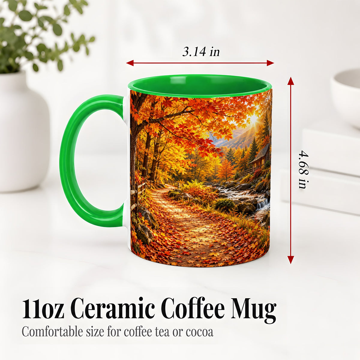 #pl[11oz|Green] Autumn Cabin Ceramic Mug with Forest, Creek and Fall Leaf Artwork