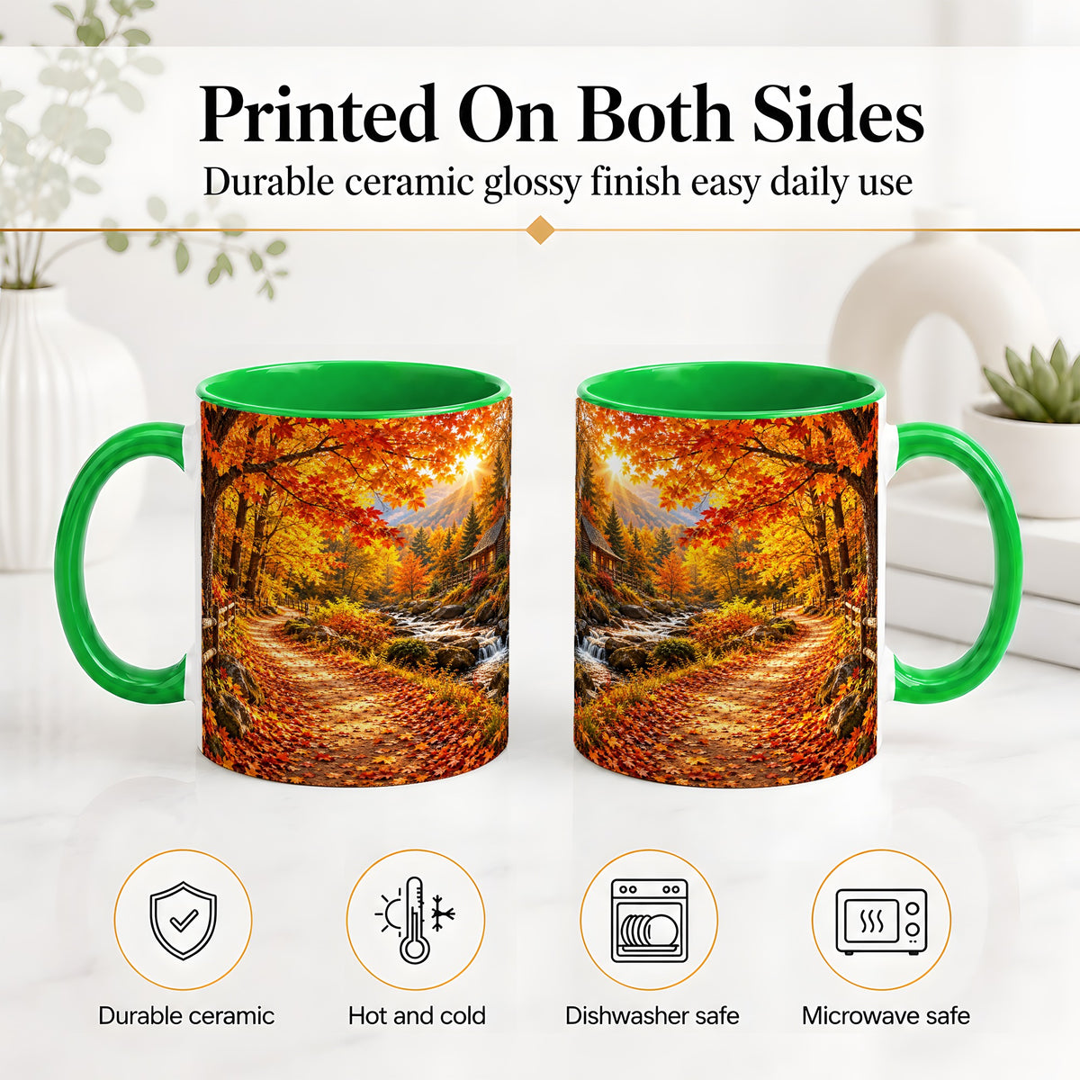 #pl[11oz|Green] Autumn Cabin Ceramic Mug with Forest, Creek and Fall Leaf Artwork