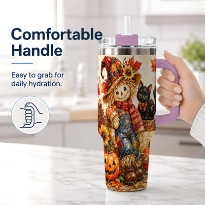 #pl[40oz|Pink] Autumn Scarecrow Cat 40oz Tumbler, Pumpkin Sunflower Artwork