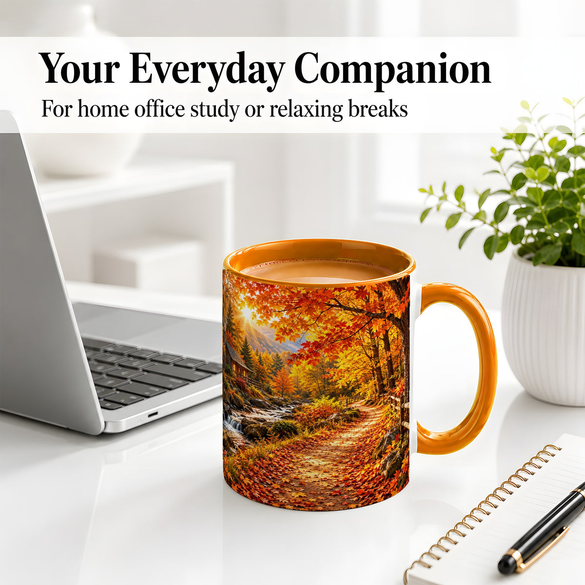 #pl[11oz|Orange] Autumn Cabin Ceramic Mug with Forest, Creek and Fall Leaf Artwork
