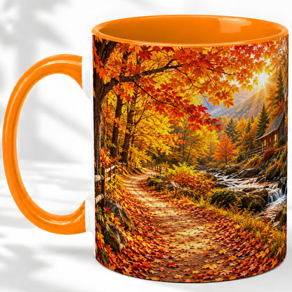 #pl[11oz|Orange] Autumn Cabin Ceramic Mug with Forest, Creek and Fall Leaf Artwork