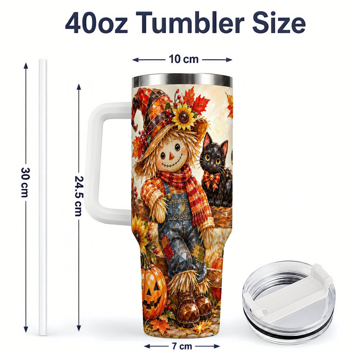 #pl[40oz|White] Autumn Scarecrow Cat 40oz Tumbler, Pumpkin Sunflower Artwork