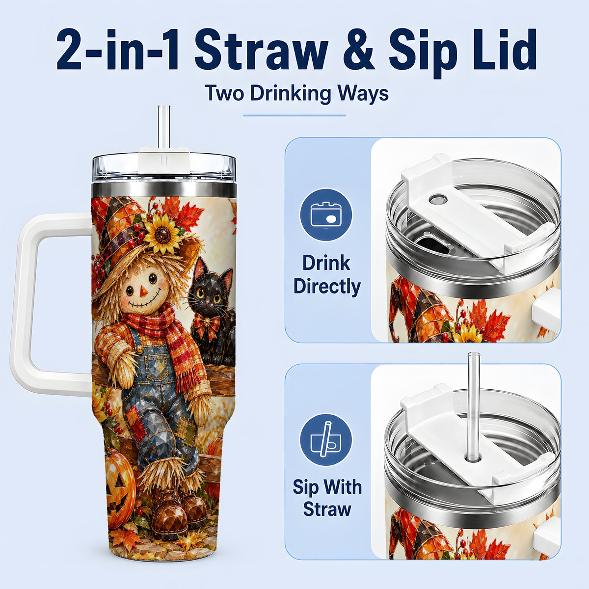 #pl[40oz|White] Autumn Scarecrow Cat 40oz Tumbler, Pumpkin Sunflower Artwork