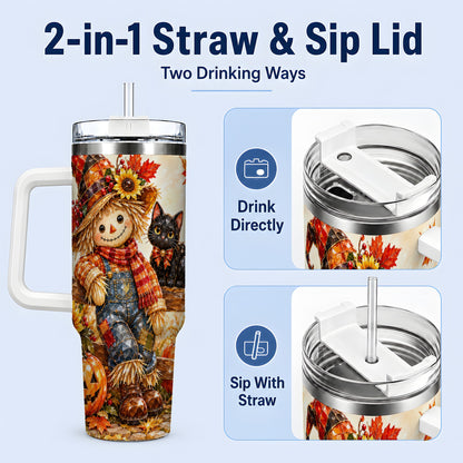 #pl[40oz|White] Autumn Scarecrow Cat 40oz Tumbler, Pumpkin Sunflower Artwork