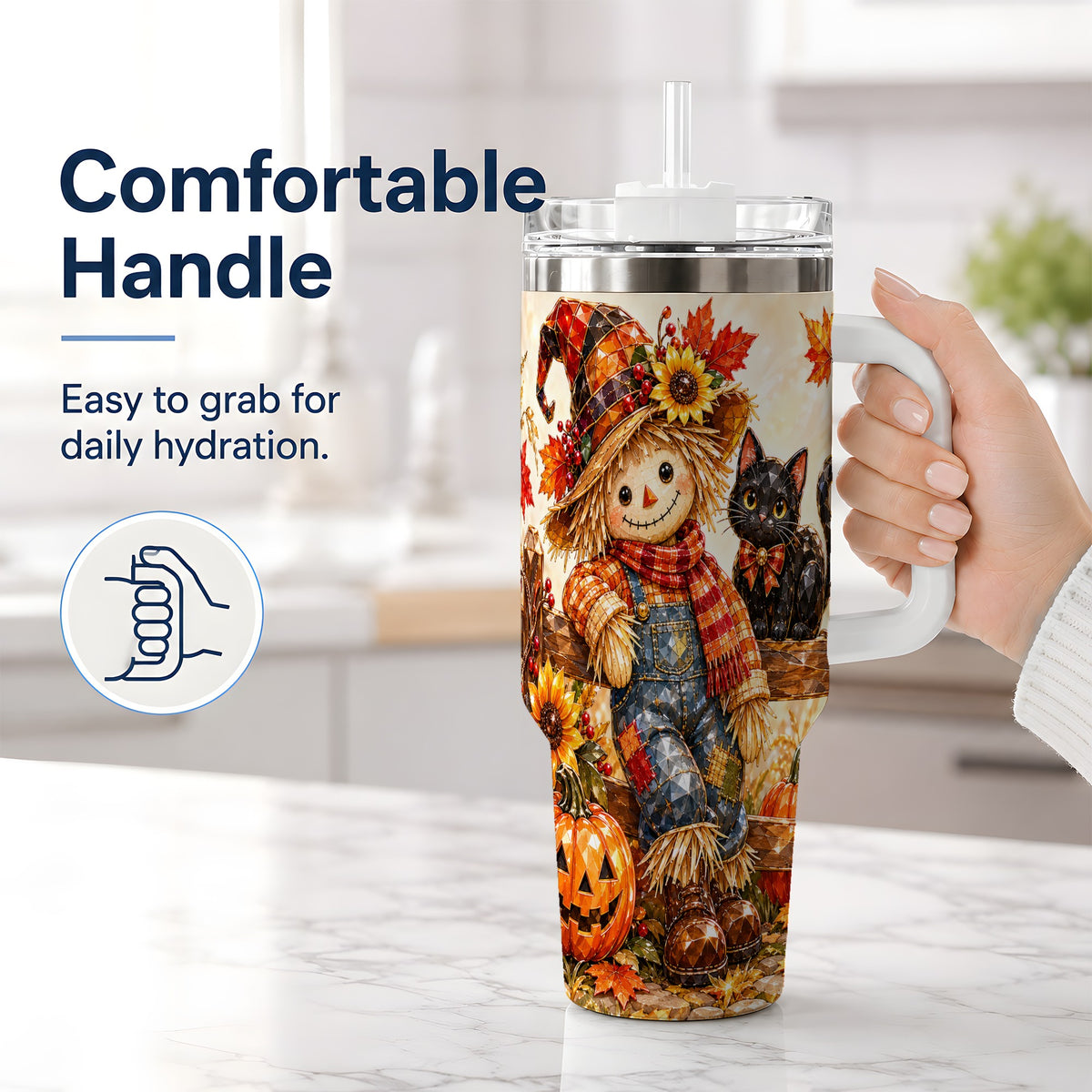 #pl[40oz|White] Autumn Scarecrow Cat 40oz Tumbler, Pumpkin Sunflower Artwork