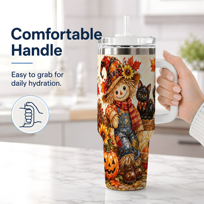 #pl[40oz|White] Autumn Scarecrow Cat 40oz Tumbler, Pumpkin Sunflower Artwork
