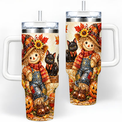 Autumn Scarecrow Cat 40oz Tumbler, Pumpkin Sunflower Artwork