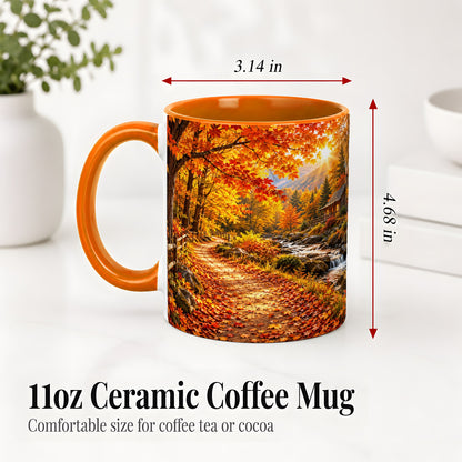 #pl[11oz|Orange] Autumn Cabin Ceramic Mug with Forest, Creek and Fall Leaf Artwork