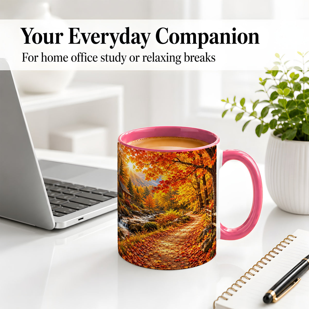 #pl[11oz|Pink] Autumn Cabin Ceramic Mug with Forest, Creek and Fall Leaf Artwork