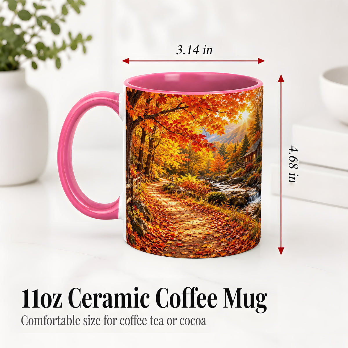 #pl[11oz|Pink] Autumn Cabin Ceramic Mug with Forest, Creek and Fall Leaf Artwork