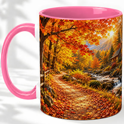 #pl[11oz|Pink] Autumn Cabin Ceramic Mug with Forest, Creek and Fall Leaf Artwork