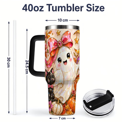 #pl[40oz|Black] Cute Halloween Ghost Cat 40oz Tumbler, Pumpkin Moon Artwork