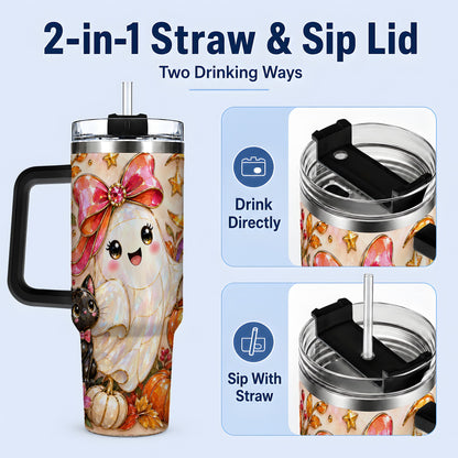 #pl[40oz|Black] Cute Halloween Ghost Cat 40oz Tumbler, Pumpkin Moon Artwork