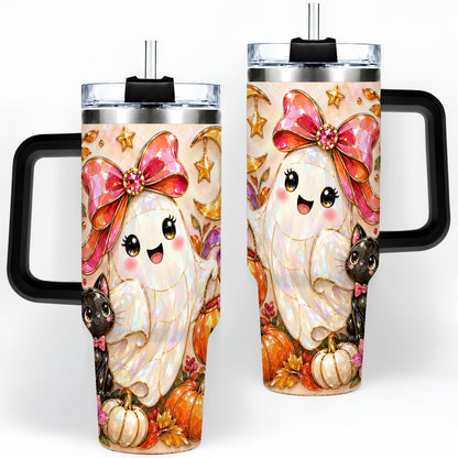 #pl[40oz|Black] Cute Halloween Ghost Cat 40oz Tumbler, Pumpkin Moon Artwork