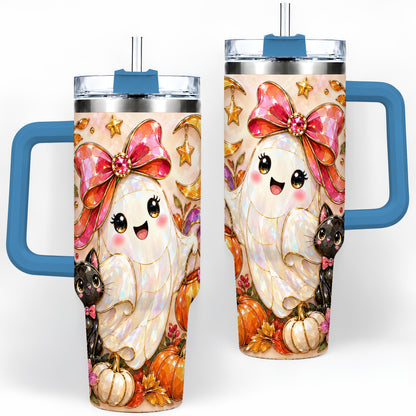#pl[40oz|Blue] Cute Halloween Ghost Cat 40oz Tumbler, Pumpkin Moon Artwork