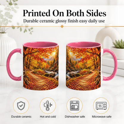 #pl[11oz|Pink] Autumn Cabin Ceramic Mug with Forest, Creek and Fall Leaf Artwork