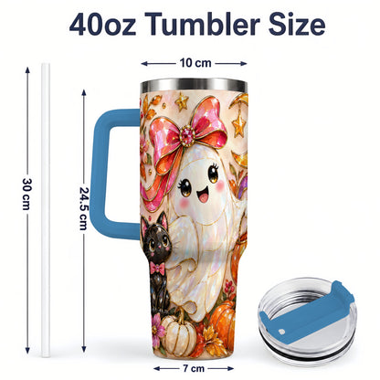 #pl[40oz|Blue] Cute Halloween Ghost Cat 40oz Tumbler, Pumpkin Moon Artwork