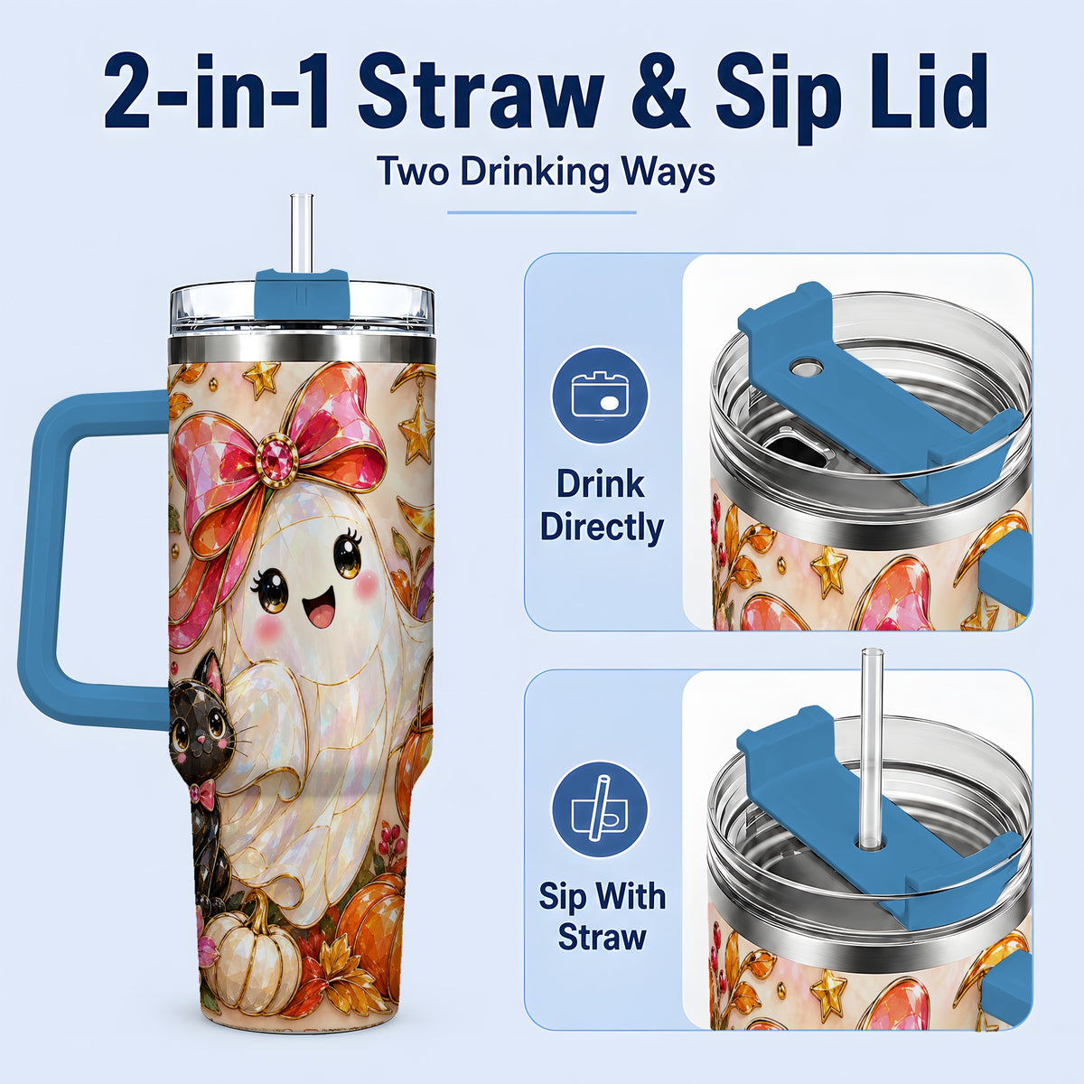 #pl[40oz|Blue] Cute Halloween Ghost Cat 40oz Tumbler, Pumpkin Moon Artwork