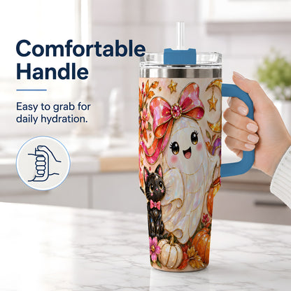 #pl[40oz|Blue] Cute Halloween Ghost Cat 40oz Tumbler, Pumpkin Moon Artwork