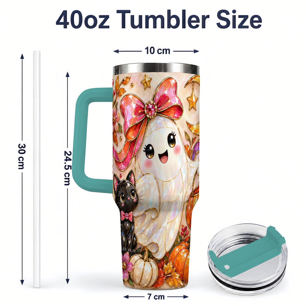 #pl[40oz|Green] Cute Halloween Ghost Cat 40oz Tumbler, Pumpkin Moon Artwork