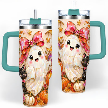 #pl[40oz|Green] Cute Halloween Ghost Cat 40oz Tumbler, Pumpkin Moon Artwork