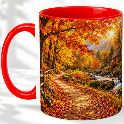 Autumn Cabin Ceramic Mug with Forest, Creek and Fall Leaf Artwork
