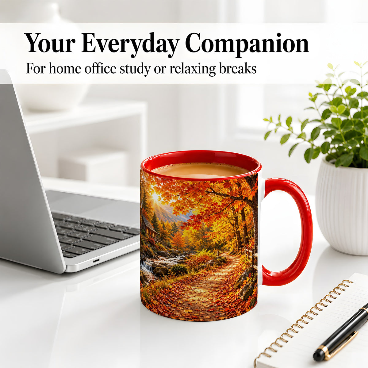 #pl[11oz|Red] Autumn Cabin Ceramic Mug with Forest, Creek and Fall Leaf Artwork