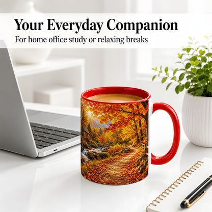 #pl[11oz|Red] Autumn Cabin Ceramic Mug with Forest, Creek and Fall Leaf Artwork