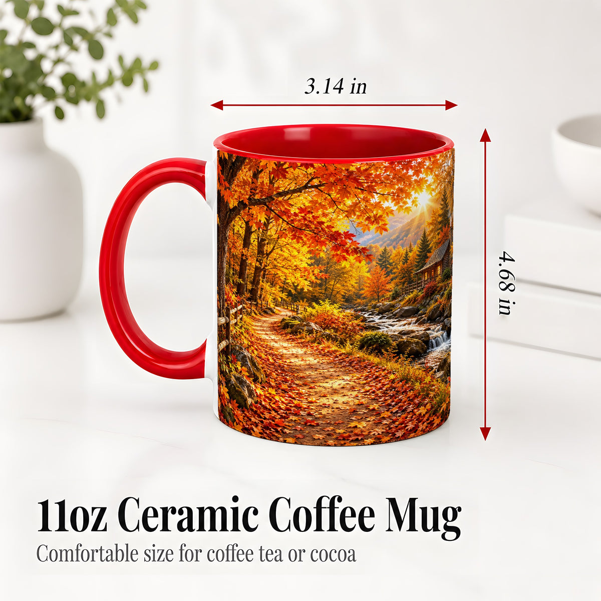 #pl[11oz|Red] Autumn Cabin Ceramic Mug with Forest, Creek and Fall Leaf Artwork