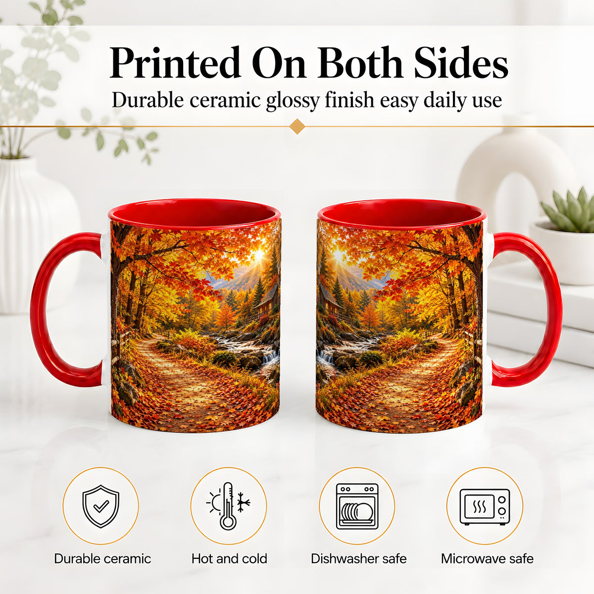 #pl[11oz|Red] Autumn Cabin Ceramic Mug with Forest, Creek and Fall Leaf Artwork