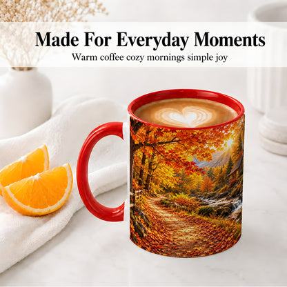 #pl[11oz|Red] Autumn Cabin Ceramic Mug with Forest, Creek and Fall Leaf Artwork